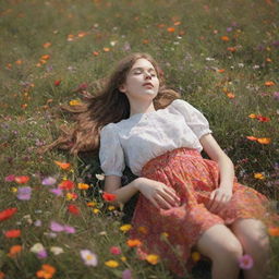 Create an animation of a girl resting on a vibrant meadow of flowers, her form skillfully drawn and alive with movement.