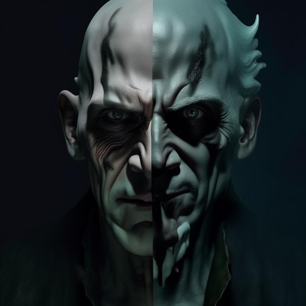 A portrait of Voldemort, the infamous wizard, where one half of his face appears to be melting away, revealing a horrifying and unsettling effect.