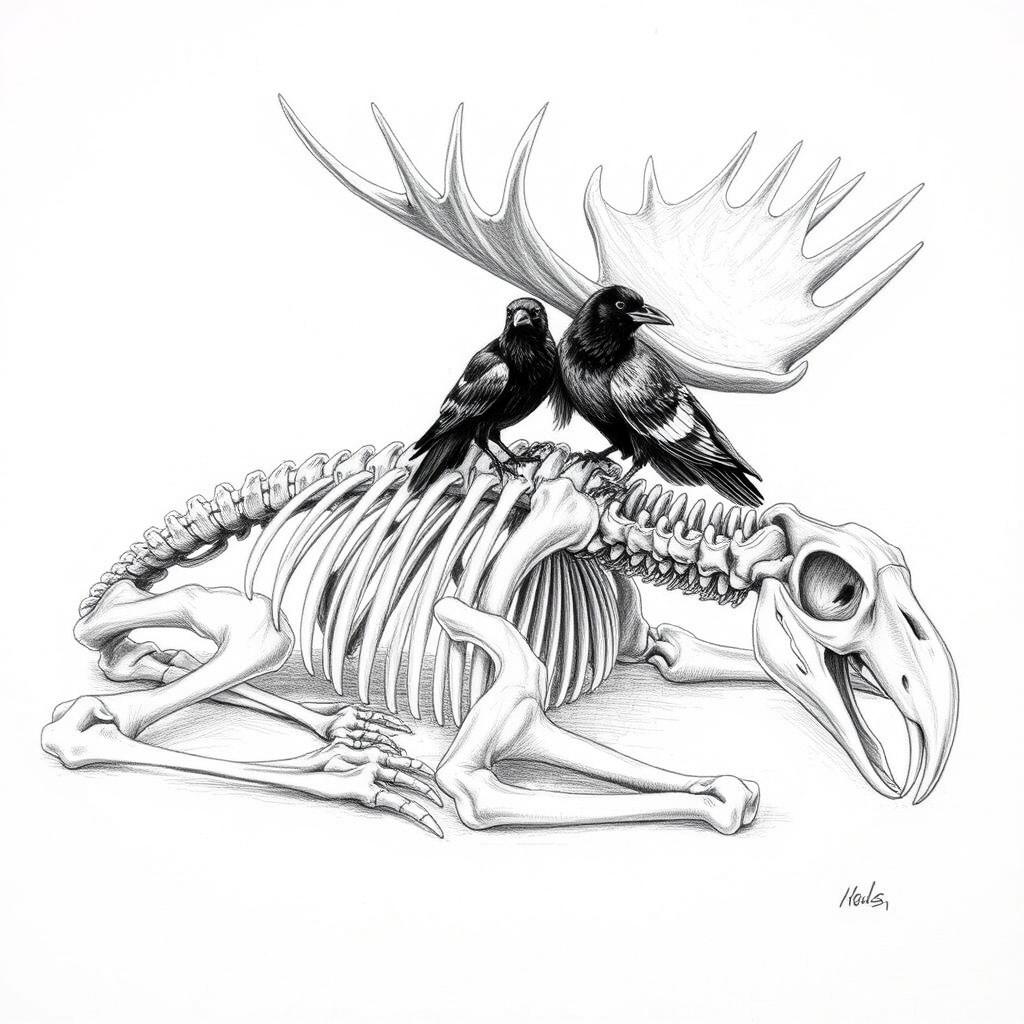 A highly detailed pencil drawing sketch of a moose skeleton positioned as if it is sleeping, featuring all skeletal bones intricately illustrated and clearly defined