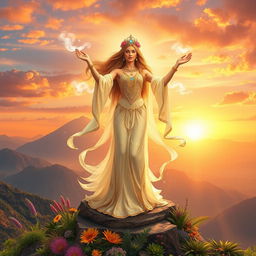 A beautiful and powerful goddess standing majestically on a mountain peak, bathed in golden sunlight