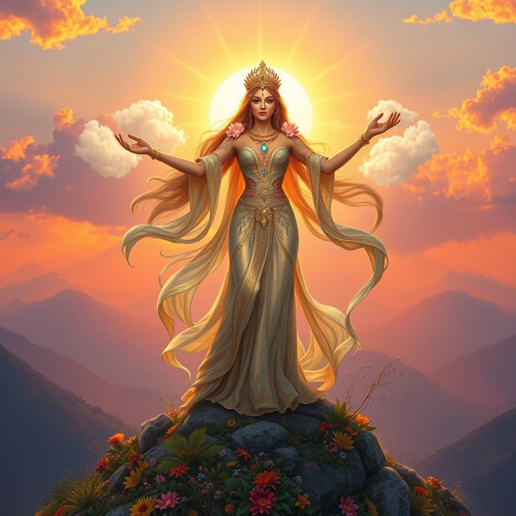 A beautiful and powerful goddess standing majestically on a mountain peak, bathed in golden sunlight