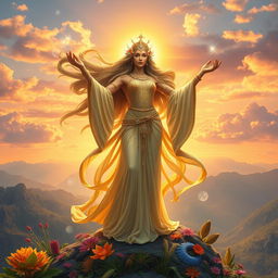 A beautiful and powerful goddess standing majestically on a mountain peak, bathed in golden sunlight