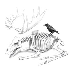 A highly detailed pencil drawing sketch of a moose skeleton positioned as if it is sleeping, featuring all skeletal bones intricately illustrated and clearly defined