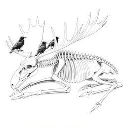 A highly detailed pencil drawing sketch of a moose skeleton positioned as if it is sleeping, featuring all skeletal bones intricately illustrated and clearly defined