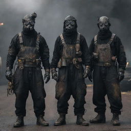 Oilpunk villains dressed in dark, grime-stained attire, featuring elements recycled from oil rigging gear. Their monstrous aesthetic is accented by ostentatious machines and weapons that guzzle oil and belch black smoke, symbolizing their ruthless exploitation.