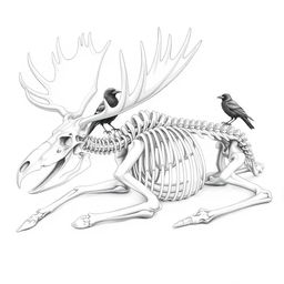 A highly detailed pencil drawing sketch of a moose skeleton positioned as if it is sleeping, featuring all skeletal bones intricately illustrated and clearly defined