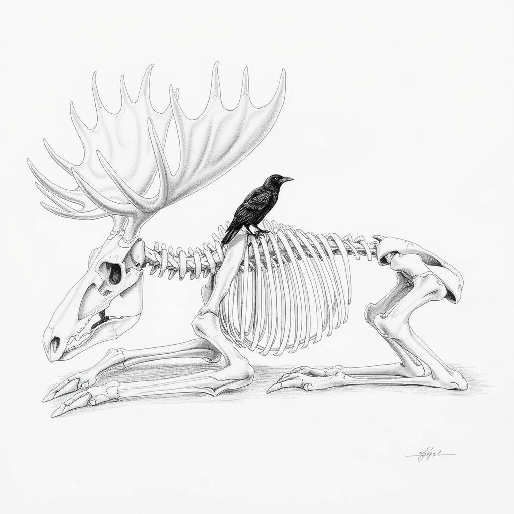 A highly detailed pencil drawing sketch of a moose skeleton positioned as if it is sleeping, featuring all skeletal bones intricately illustrated and clearly defined