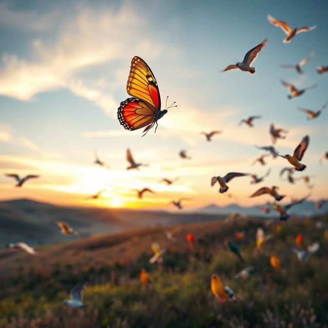 A serene scene capturing the essence of 'Finding Peace in Chaos', featuring a vibrant butterfly fluttering gracefully amidst a flock of colorful birds