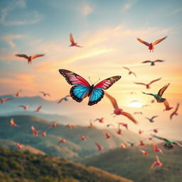 A serene scene capturing the essence of 'Finding Peace in Chaos', featuring a vibrant butterfly fluttering gracefully amidst a flock of colorful birds