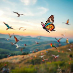 A serene scene capturing the essence of 'Finding Peace in Chaos', featuring a vibrant butterfly fluttering gracefully amidst a flock of colorful birds