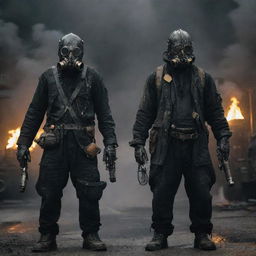 Oilpunk villains dressed in dark, grime-stained attire, featuring elements recycled from oil rigging gear. Their monstrous aesthetic is accented by ostentatious machines and weapons that guzzle oil and belch black smoke, symbolizing their ruthless exploitation.