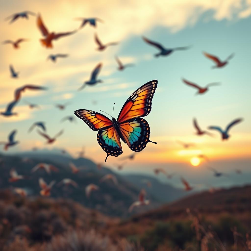 A serene scene capturing the essence of 'Finding Peace in Chaos', featuring a vibrant butterfly fluttering gracefully amidst a flock of colorful birds