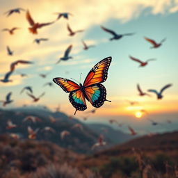 A serene scene capturing the essence of 'Finding Peace in Chaos', featuring a vibrant butterfly fluttering gracefully amidst a flock of colorful birds