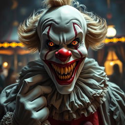 A terrifying clown inspired by the concept of sinister characters, featuring a wide grin full of sharp, menacing teeth and bright red lips