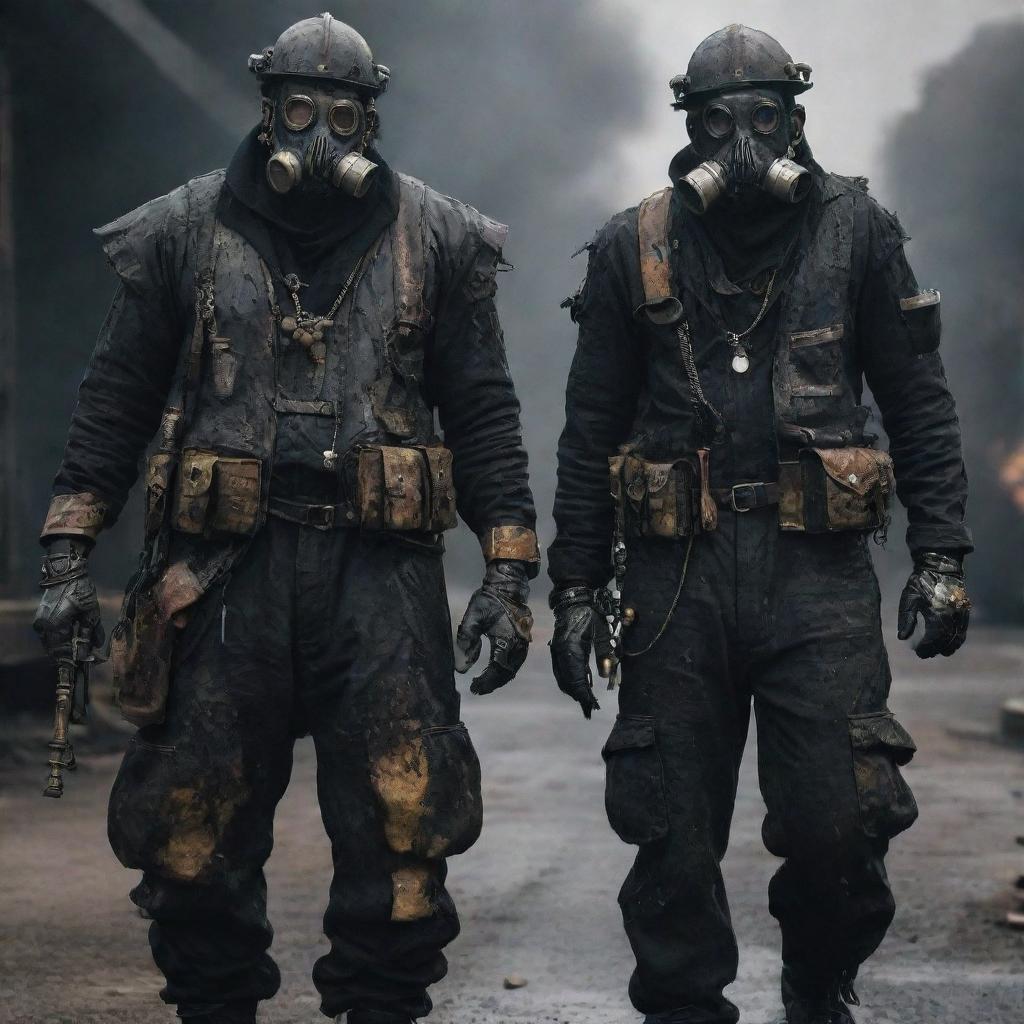 Oilpunk villains dressed in dark, grime-stained attire, featuring elements recycled from oil rigging gear. Their monstrous aesthetic is accented by ostentatious machines and weapons that guzzle oil and belch black smoke, symbolizing their ruthless exploitation.