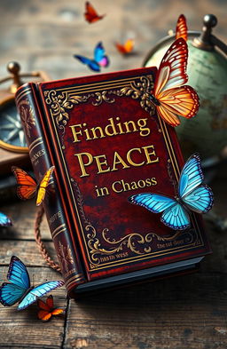 An ornate, vintage book cover titled 'Finding Peace in Chaos' set on an aged wooden surface