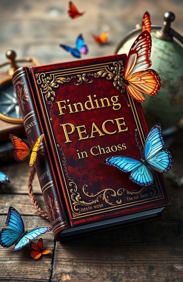 An ornate, vintage book cover titled 'Finding Peace in Chaos' set on an aged wooden surface