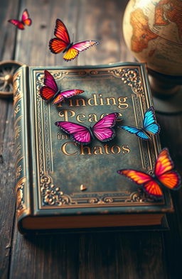 An ornate, vintage book cover titled 'Finding Peace in Chaos' set on an aged wooden surface