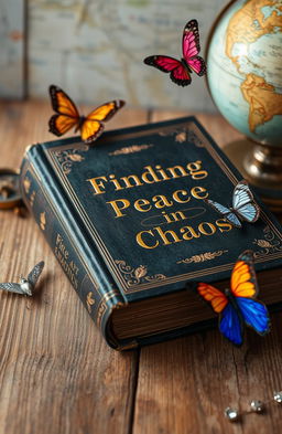 An ornate, vintage book cover titled 'Finding Peace in Chaos' set on an aged wooden surface