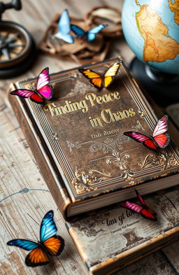 An ornate, vintage book cover titled 'Finding Peace in Chaos' set on an aged wooden surface