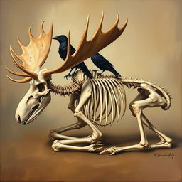 A detailed Renaissance-style painting of a moose skeleton depicted in a sleeping position, showcasing all bones intricately illustrated and clearly defined