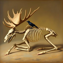 A detailed Renaissance-style painting of a moose skeleton depicted in a sleeping position, showcasing all bones intricately illustrated and clearly defined