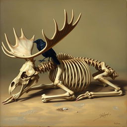 A detailed Renaissance-style painting of a moose skeleton depicted in a sleeping position, showcasing all bones intricately illustrated and clearly defined