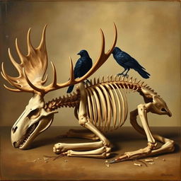 A detailed Renaissance-style painting of a moose skeleton depicted in a sleeping position, showcasing all bones intricately illustrated and clearly defined