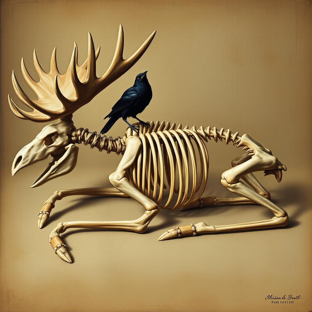 A detailed Renaissance-style painting of a moose skeleton depicted in a sleeping position, showcasing all bones intricately illustrated and clearly defined