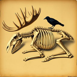 A detailed Renaissance-style painting of a moose skeleton depicted in a sleeping position, showcasing all bones intricately illustrated and clearly defined