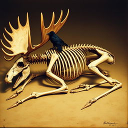 A detailed Renaissance-style painting of a moose skeleton depicted in a sleeping position, showcasing all bones intricately illustrated and clearly defined