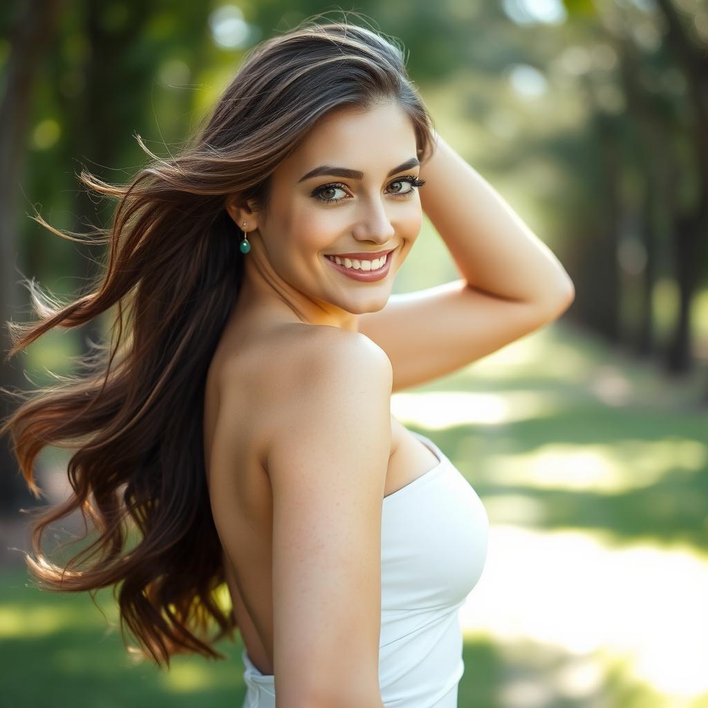 A beautiful woman with an enchanting smile and flowing hair, exuding confidence and femininity