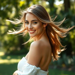 A beautiful woman with an enchanting smile and flowing hair, exuding confidence and femininity