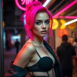 A captivating scene featuring a beautiful woman with striking hot pink hair, exuding confidence and allure