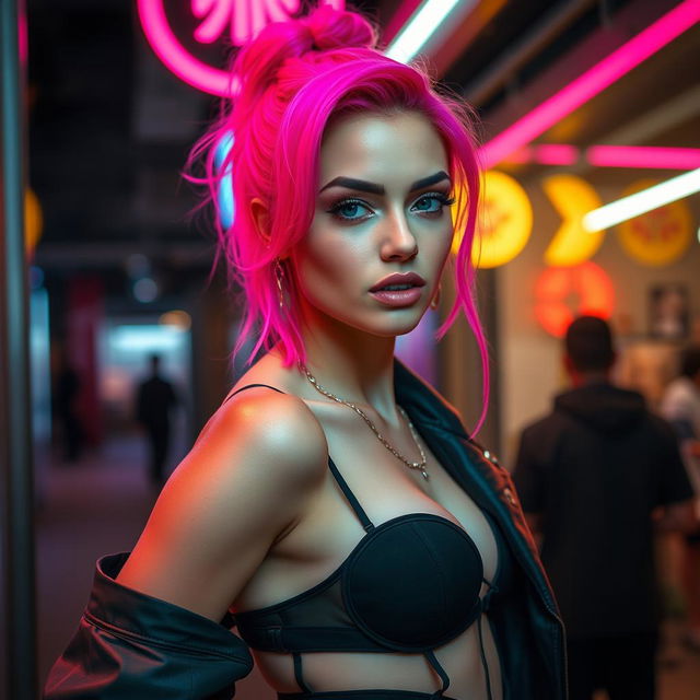 A captivating scene featuring a beautiful woman with striking hot pink hair, exuding confidence and allure