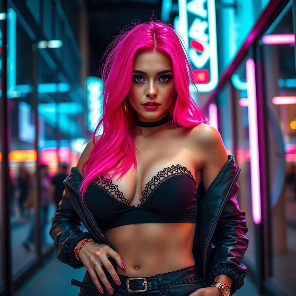 A captivating scene featuring a beautiful woman with striking hot pink hair, exuding confidence and allure