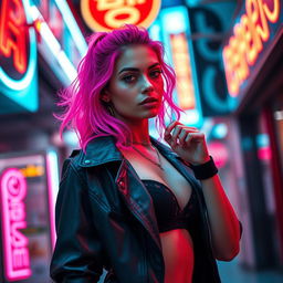 A captivating scene featuring a beautiful woman with striking hot pink hair, exuding confidence and allure