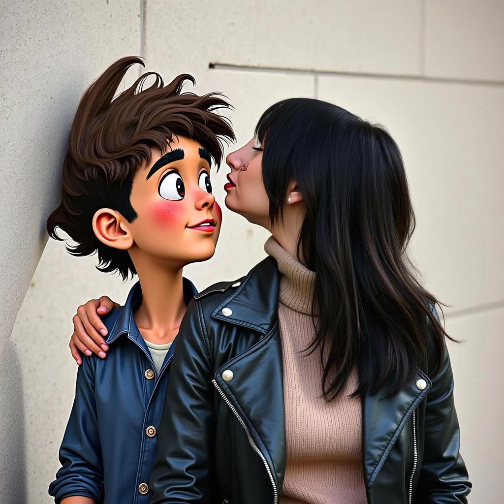 A tender moment between two women leaning against a textured light gray wall, gently kissing each other