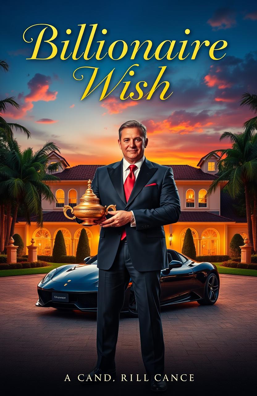 A captivating story cover featuring a luxurious billionaire's mansion surrounded by lush greenery and a vibrant sunset sky