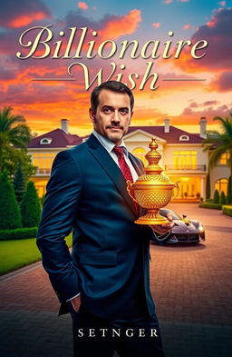 A captivating story cover featuring a luxurious billionaire's mansion surrounded by lush greenery and a vibrant sunset sky