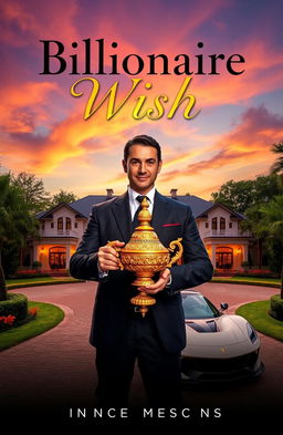 A captivating story cover featuring a luxurious billionaire's mansion surrounded by lush greenery and a vibrant sunset sky