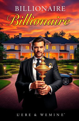 A captivating story cover featuring a luxurious billionaire's mansion surrounded by lush greenery and a vibrant sunset sky