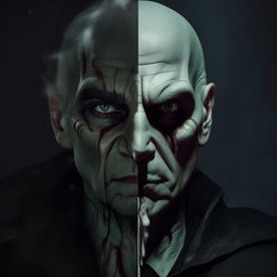 A portrait of Voldemort, the infamous wizard, where one half of his face appears to be melting away, revealing a horrifying and unsettling effect.