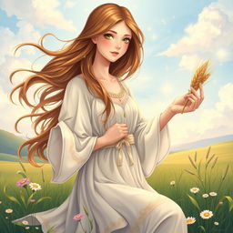 A highly detailed illustration of the zodiac sign Virgo, represented as a beautiful young woman with flowing brown hair, dressed in flowing, ethereal garments