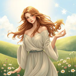 A highly detailed illustration of the zodiac sign Virgo, represented as a beautiful young woman with flowing brown hair, dressed in flowing, ethereal garments