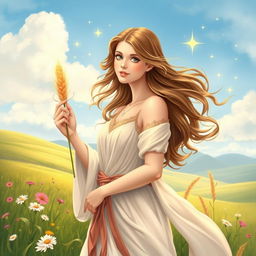 A highly detailed illustration of the zodiac sign Virgo, represented as a beautiful young woman with flowing brown hair, dressed in flowing, ethereal garments