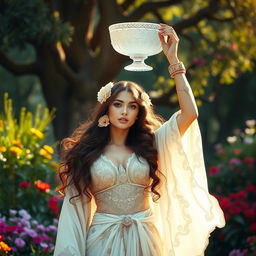 A stunning goddess with flowing, intricate robes stands gracefully, holding a beautifully ornate crystal bowl high above her head