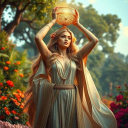 A stunning goddess with flowing, intricate robes stands gracefully, holding a beautifully ornate crystal bowl high above her head