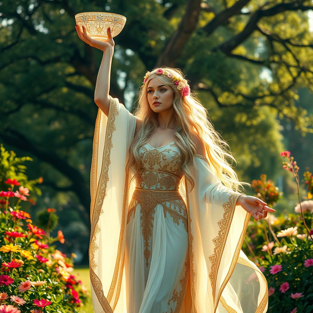 A stunning goddess with flowing, intricate robes stands gracefully, holding a beautifully ornate crystal bowl high above her head