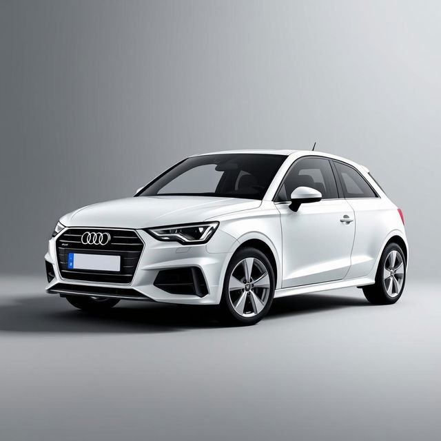 A sleek white Audi A1 parked gracefully in a smooth gray background, showcasing its modern design and elegant lines